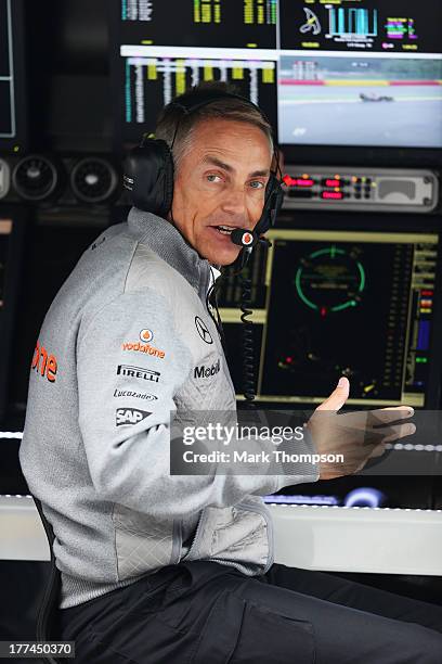 McLaren Team Principal Martin Whitmarsh is seen during practice for the Belgian Grand Prix at Circuit de Spa-Francorchamps on August 23, 2013 in Spa,...