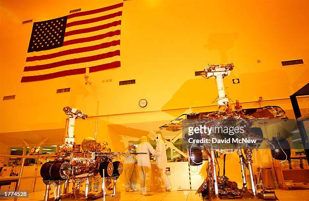 The two new Mars exploration rovers rest on stands awaiting final work at NASA Jet Propulsion Laboratory February 10, 2003 in Pasadena, California....