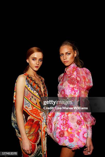 Models pose backstage ahead of the MBFWA Trends show during Mercedes-Benz Fashion Festival Sydney 2013 at Sydney Town Hall on August 23, 2013 in...