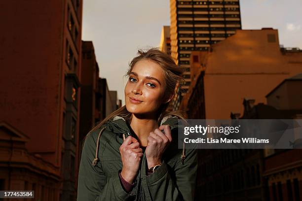 Model Laura-Jade poses backstage ahead of the MBFWA Trends show during Mercedes-Benz Fashion Festival Sydney 2013 at Sydney Town Hall on August 23,...