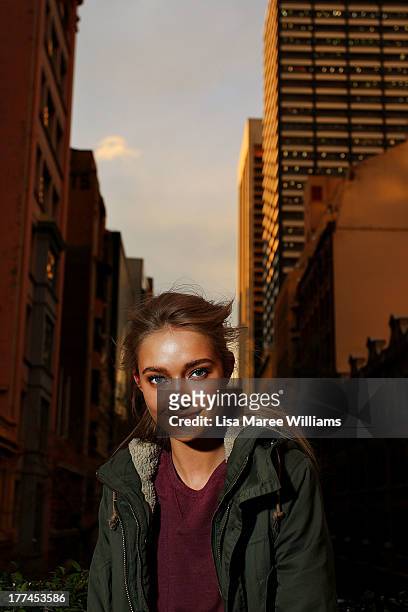 Model Laura-Jade poses backstage ahead of the MBFWA Trends show during Mercedes-Benz Fashion Festival Sydney 2013 at Sydney Town Hall on August 23,...