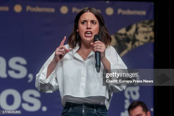 The Secretary of Government Action of Podemos and acting Minister of Equality, Irene Montero, speaks during a Political Conference of the party, at...