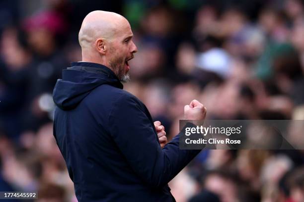 Erik ten Hag, Manager of Manchester United, celebrates after Bruno Fernandes of Manchester United scores the team's first goal during the Premier...