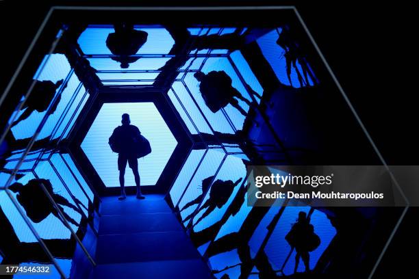 Stefanos Tsitsipas of Greece walks out to play in his semi final match against Grigor Dimitrov of Bulgaria during Day Six of the Rolex Paris Masters...