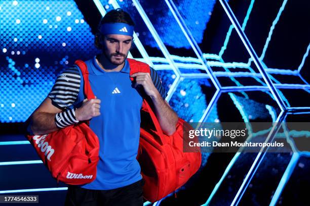 Stefanos Tsitsipas of Greece walks out to play in his semi final match against Grigor Dimitrov of Bulgaria during Day Six of the Rolex Paris Masters...