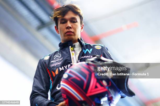 19th placed qualifier Alexander Albon of Thailand and Williams looks on in the garage during the Sprint Shootout ahead of the F1 Grand Prix of Brazil...