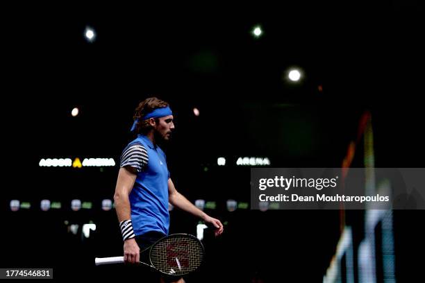 Stefanos Tsitsipas of Greece looks on in his semi final match against Grigor Dimitrov of Bulgaria during Day Six of the Rolex Paris Masters ATP...