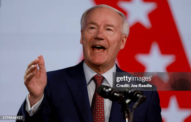 Former Arkansas Governor Asa Hutchinson speaks during the Florida Freedom Summit held at the Gaylord Palms Resort on November 04, 2023 in Kissimmee,...