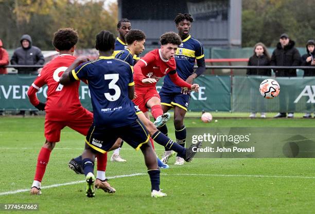 Kieran Morrison of Liverpool during the U18 Premier League match between Liverpool U18 and Middlesbrough U18 at The Academy on November 04, 2023 in...