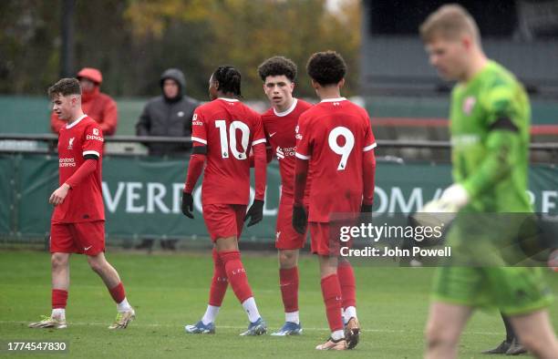 Kieran Morrison of Liverpool celebrating after scoring a hat-trick making the score 3-1 during the U18 Premier League match between Liverpool U18 and...