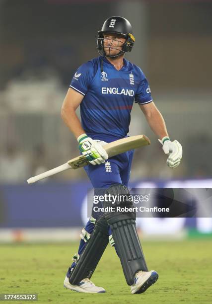Jos Buttler of England makes their way off after being dismissed during the ICC Men's Cricket World Cup India 2023 between England and Australia at...