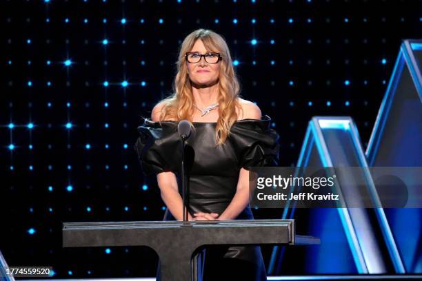 Laura Dern speaks onstage at the 38th Annual Rock & Roll Hall Of Fame Induction Ceremony at Barclays Center on November 03, 2023 in New York City.