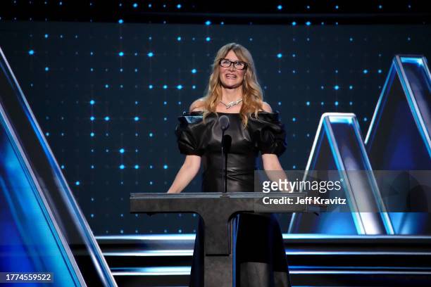 Laura Dern speaks onstage at the 38th Annual Rock & Roll Hall Of Fame Induction Ceremony at Barclays Center on November 03, 2023 in New York City.