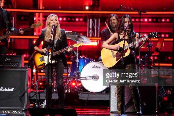 Sheryl Crow and Olivia Rodrig perform onstage at the 38th Annual Rock & Roll Hall Of Fame Induction Ceremony at Barclays Center on November 03, 2023...