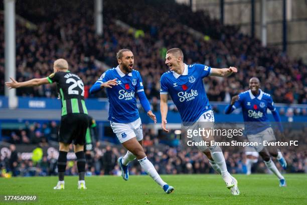 Vitalii Mykolenko of Everton celebrates scoring his teams first goal during the Premier League match between Everton FC and Brighton & Hove Albion at...
