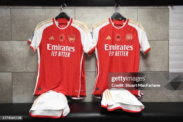 Arsenal shirts featuring Armistice poppies are displayed inside the dressing room prior to the Premier League match between Newcastle United and...