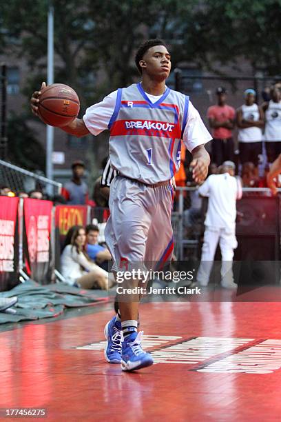 Corey Sanders plays for Reebok Classic Breakout Allstars at EBC's "The Finale" Tournament at Rucker Park on August 22, 2013 in New York City.