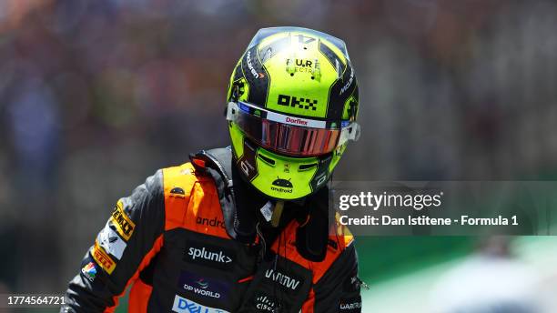 Sprint Shootout fastest qualifier Lando Norris of Great Britain and McLaren looks on in parc ferme during the Sprint Shootout ahead of the F1 Grand...