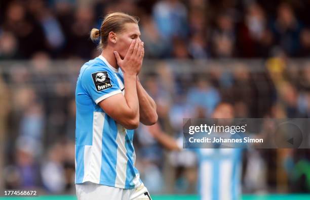Fynn Lakenmacher of Muenchen reacts dejected after missing to score during the 3. Liga match between TSV 1860 Muenchen and Jahn Regensburg at Stadion...