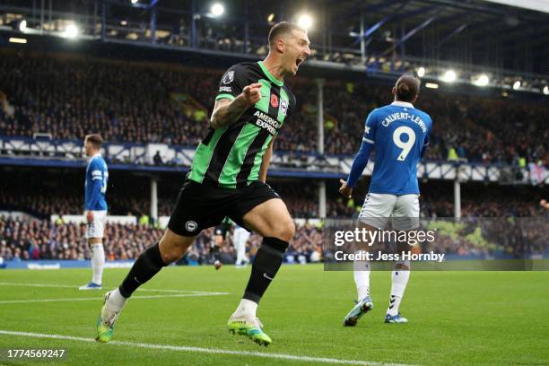 Lewis Dunk of Brighton & Hove Albion celebrates after scoring a goal that is later ruled offside during the Premier League match between Everton FC...