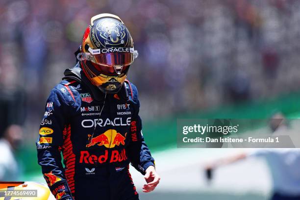 Sprint Shootout 2nd fastest qualifier Max Verstappen of the Netherlands and Oracle Red Bull Racing looks on in parc ferme during the Sprint Shootout...