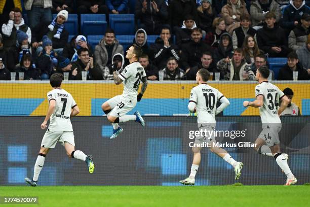 Alex Grimaldo of Bayer Leverkusen celebrates after scoring the team's second goal during the Bundesliga match between TSG Hoffenheim and Bayer 04...