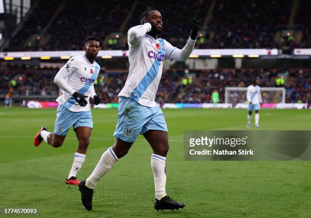 Jeffrey Schlupp of Crystal Palace celebrates after scoring the team's first goal during the Premier League match between Burnley FC and Crystal...