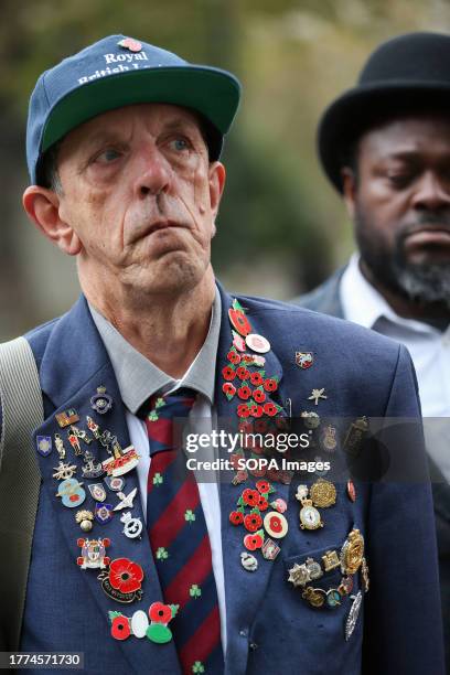 Man listens to the service, his jacket covered with military badges during the 95th Field of Remembrance. The 95th Field of Remembrance is held on...