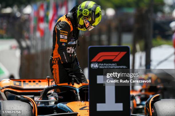 Pole position qualifier Lando Norris of Great Britain and McLaren reacts in parc ferme during the Sprint Shootout ahead of the F1 Grand Prix of...