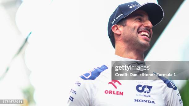 Eighth placed qualifier Daniel Ricciardo of Australia and Scuderia AlphaTauri reacts in parc ferme during the Sprint Shootout ahead of the F1 Grand...