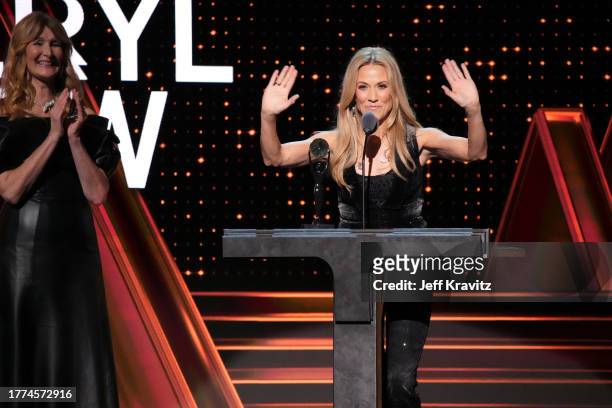 Laura Dern and Sheryl Crow speak onstage at the 38th Annual Rock & Roll Hall Of Fame Induction Ceremony at Barclays Center on November 03, 2023 in...