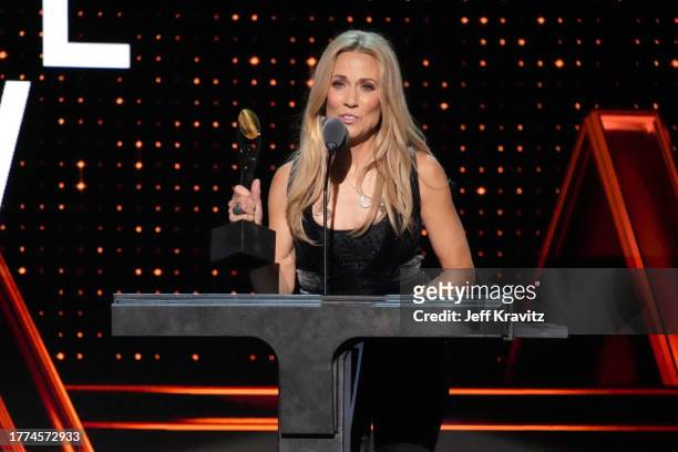 Sheryl Crow speaks onstage at the 38th Annual Rock & Roll Hall Of Fame Induction Ceremony at Barclays Center on November 03, 2023 in New York City.