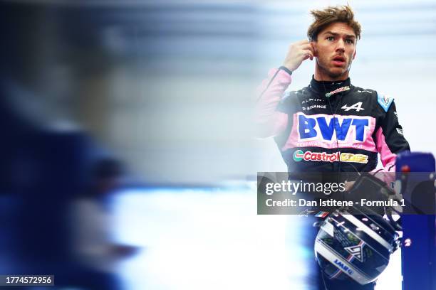 13th placed qualifier Pierre Gasly of France and Alpine F1 looks on in the FIA garage during the Sprint Shootout ahead of the F1 Grand Prix of Brazil...