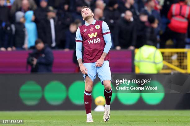 Jordan Beyer of Burnley reacts as Jeffrey Schlupp of Crystal Palace scores the team's first goal during the Premier League match between Burnley FC...