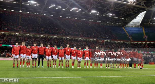 The Wales team line up to sing the National anthem during the International match between Wales and Barbarians at Principality Stadium on November...