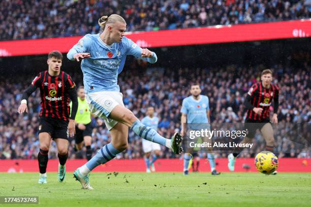 Erling Haaland of Manchester City takes a shot during the Premier League match between Manchester City and AFC Bournemouth at Etihad Stadium on...