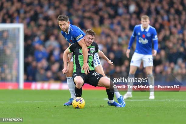 James Tarkowski of Everton battles for the ball during the Premier League match between Everton and Brighton & Hove Albion at Goodison Park on...