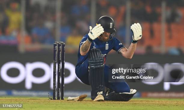 Ben Stokes of England reacts after being dismissed during the ICC Men's Cricket World Cup India 2023 between England and Australia at Narendra Modi...