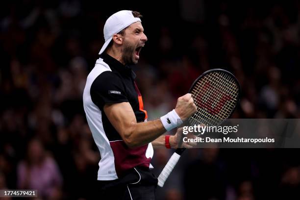 Grigor Dimitrov of Bulgaria celebrates victoryin his semi final match against Stefanos Tsitsipas of Greece during Day Six of the Rolex Paris Masters...