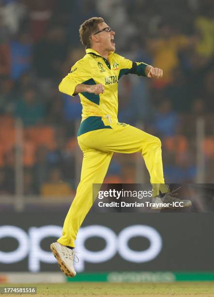 Adam Zampa of Australia celebrates the wicket of Ben Stokes of England during the ICC Men's Cricket World Cup India 2023 between England and...