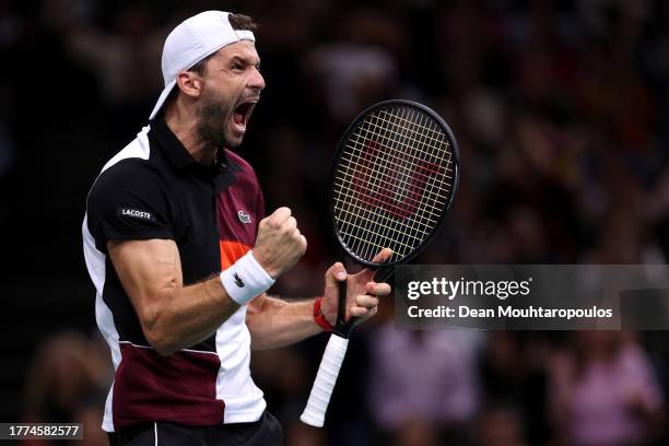 Grigor Dimitrov of Bulgaria celebrates victory in his semi final match against Stefanos Tsitsipas of Greece during Day Six of the Rolex Paris Masters...