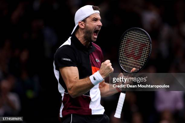Grigor Dimitrov of Bulgaria celebrates victory in his semi final match against Stefanos Tsitsipas of Greece during Day Six of the Rolex Paris Masters...