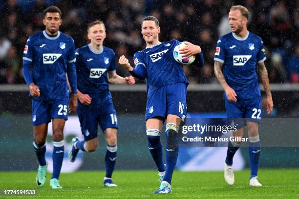 Wout Weghorst of TSG 1899 Hoffenheim celebrates after scoring the team's second goal during the Bundesliga match between TSG Hoffenheim and Bayer 04...