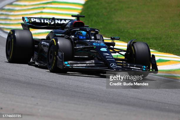 George Russell of Great Britain driving the Mercedes AMG Petronas F1 Team W14 on track during the Sprint Shootout ahead of the F1 Grand Prix of...