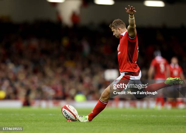 Leigh Halfpenny of Wales kicks a conversio during the International match between Wales and Barbarians at Principality Stadium on November 04, 2023...