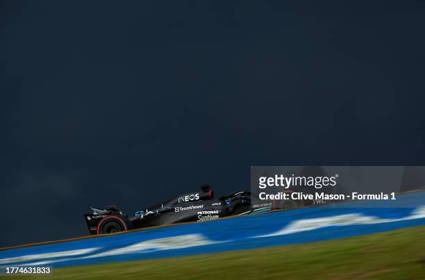 George Russell of Great Britain driving the Mercedes AMG Petronas F1 Team W14 on track during qualifying ahead of the F1 Grand Prix of Brazil at...