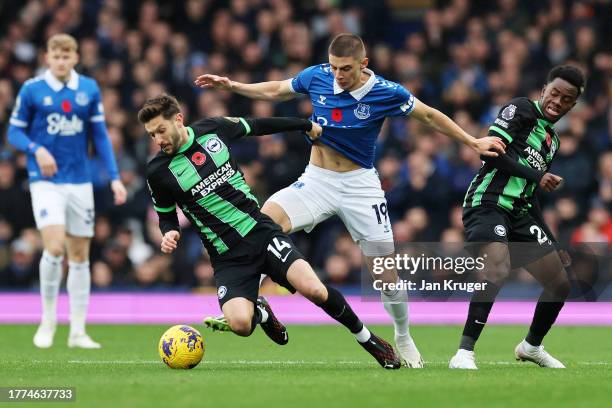 Adam Lallana of Brighton & Hove Albion is challenged by Vitaliy Mykolenko of Everton during the Premier League match between Everton FC and Brighton...