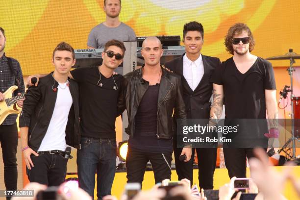 Nathan Sykes, Tom Parker, Max George, Siva Kaneswaran, and Jay McGuiness of The Wanted perform on ABC's "Good Morning America" at Rumsey Playfield on...