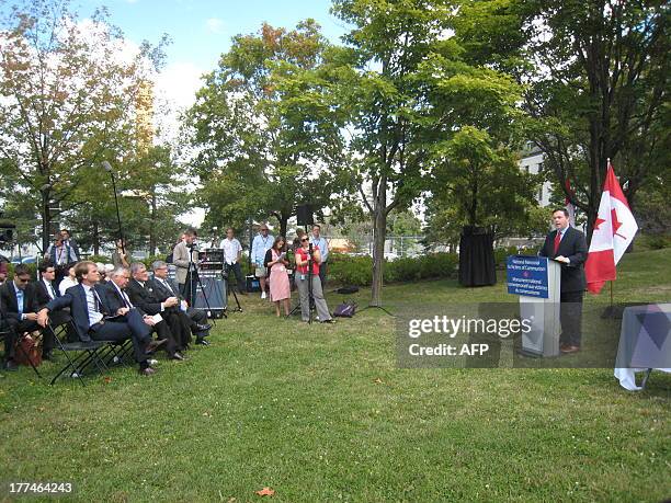 Canadian Employment and Multiculturalism Minister Jason Kenney attends on August 23, 2013 the announcement at the site where a monument for the...