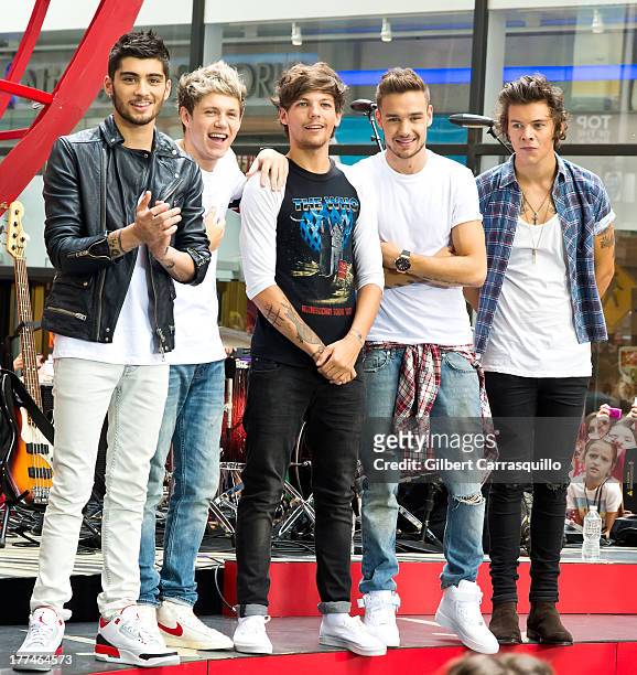 Zayn Malik, Niall Horan, Louis Tomlinson, Liam Payne and Harry Styles of One Direction perform on NBC's "Today" at Rockefeller Plaza on August 23,...